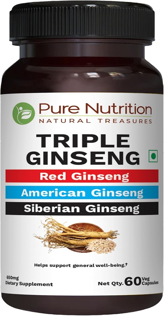 Pure Nutrition Triple Ginseng - en unik og effektiv kombination af rød Ginseng, amerikansk Ginseng og sibirisk Ginseng. 790mg per kapsler 125; 60 Veg Caps Pack