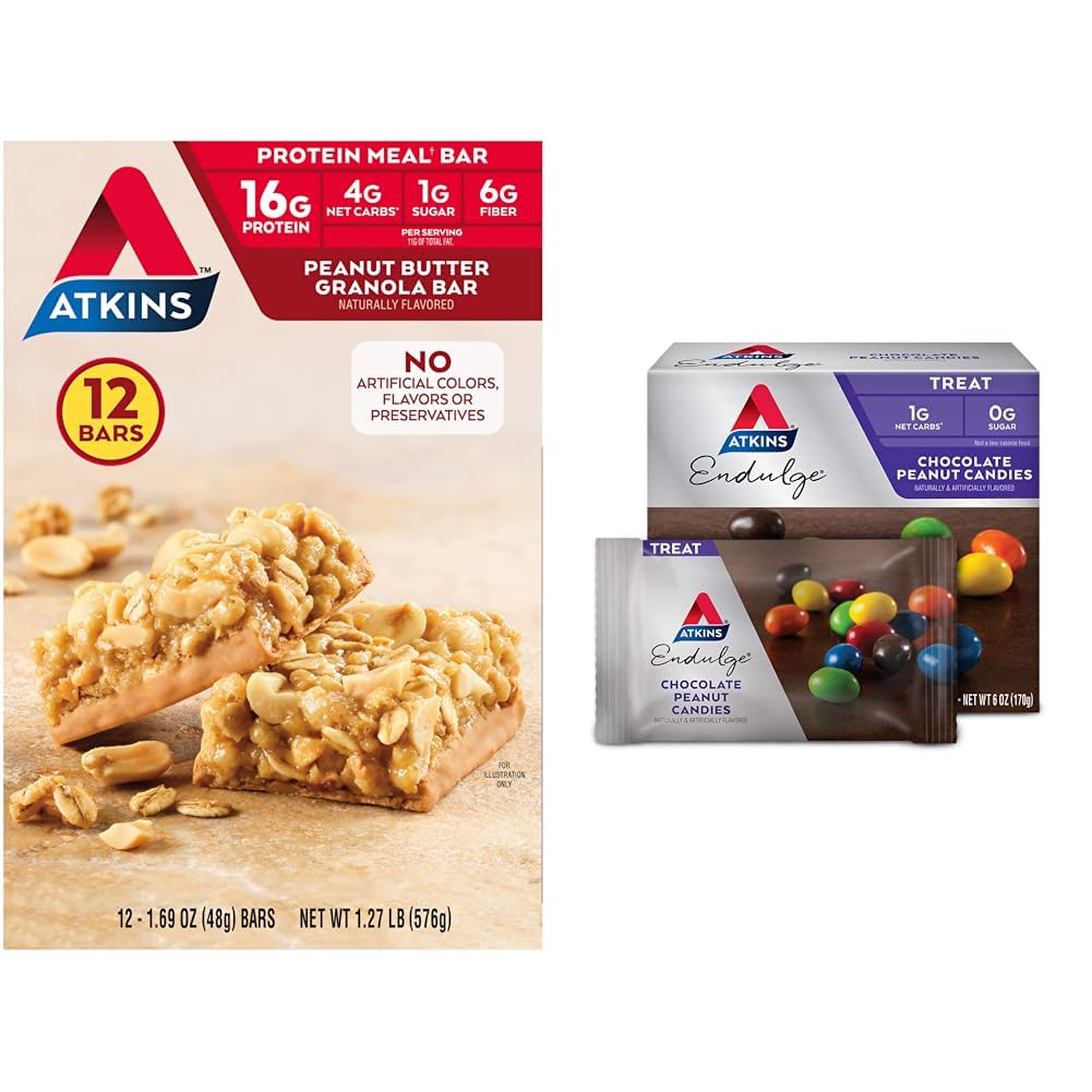 Atkins Peanut Butter Granola Protein Meal Bar, High Fiber, 16g Protein, 1g Sugar, 4g Net Carb & Endulge Chocolate Peanut Candies, Dessert Favorite, 0g Sugar, 20 Counts