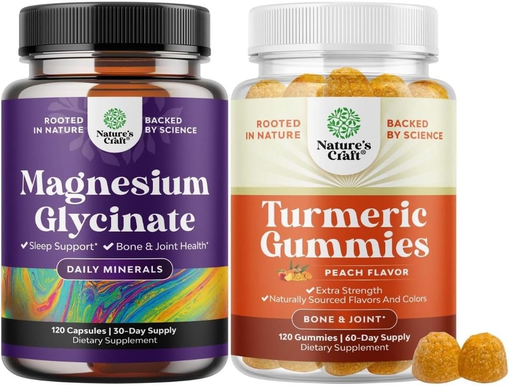 Bundle of Pure Magnesium Glycinate 400mg Per Serving for Mood Sleep and Relaxation and Turmeric Gummies for Adults Peach Flavor - Extra Strength Joint Support