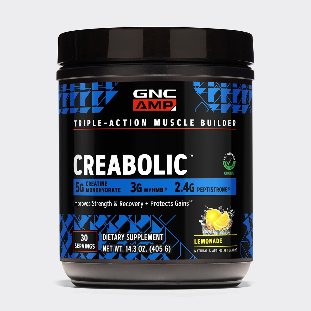 GNC AMP Creabolic - Creatine Monohydrate Powder - High-Potency 5g Creatine with HMB & PeptiStrong - Triple Action Muscle Formula - No Added Sugars - Lemonade - 30 Servings