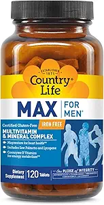 Country Life Max for mænd Multivitamin: Iron- Free, Gluten Free, Saw Palmetto, Lycopene, Daily Support for Energy, Heart & Men 's Health, 120 Vegetariske tabletter