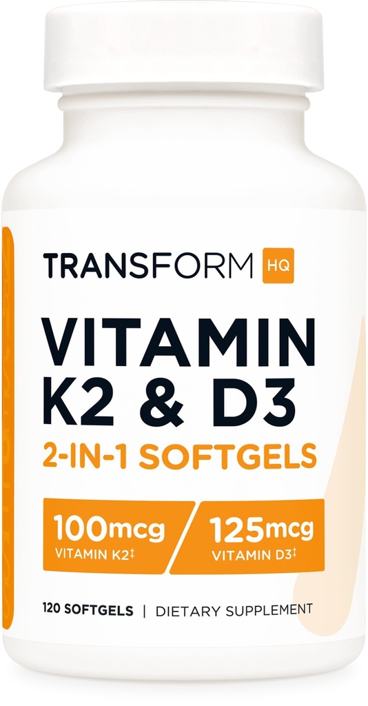 TransformHQ Vitamin K2 (MK7) (100mcg) + Vitamin D3 (5000 IE) 120 Softgels - Gluten Free and Non- GMO