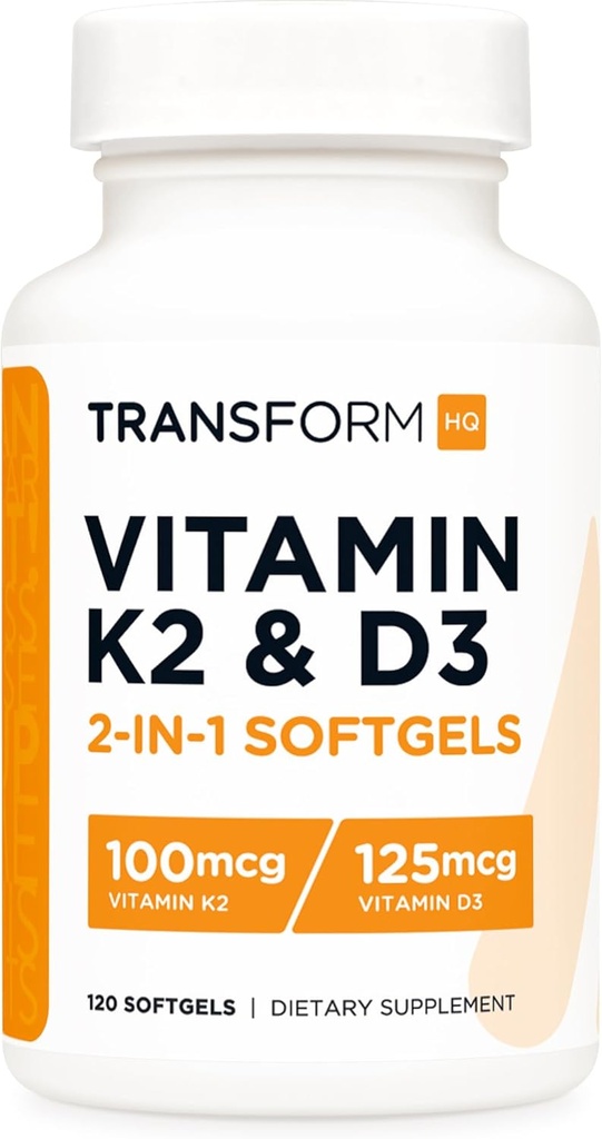 TransformHQ Vitamin K2 (MK7) (100mcg) + Vitamin D3 (5000 IE) 120 Softgels - Gluten Free and Non- GMO