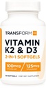 TransformHQ Vitamin K2 (MK7) (100mcg) + Vitamin D3 (5000 IE) 120 Softgels - Gluten Free and Non- GMO