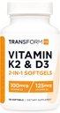 TransformHQ Vitamin K2 (MK7) (100mcg) + Vitamin D3 (5000 IE) 120 Softgels - Gluten Free and Non- GMO