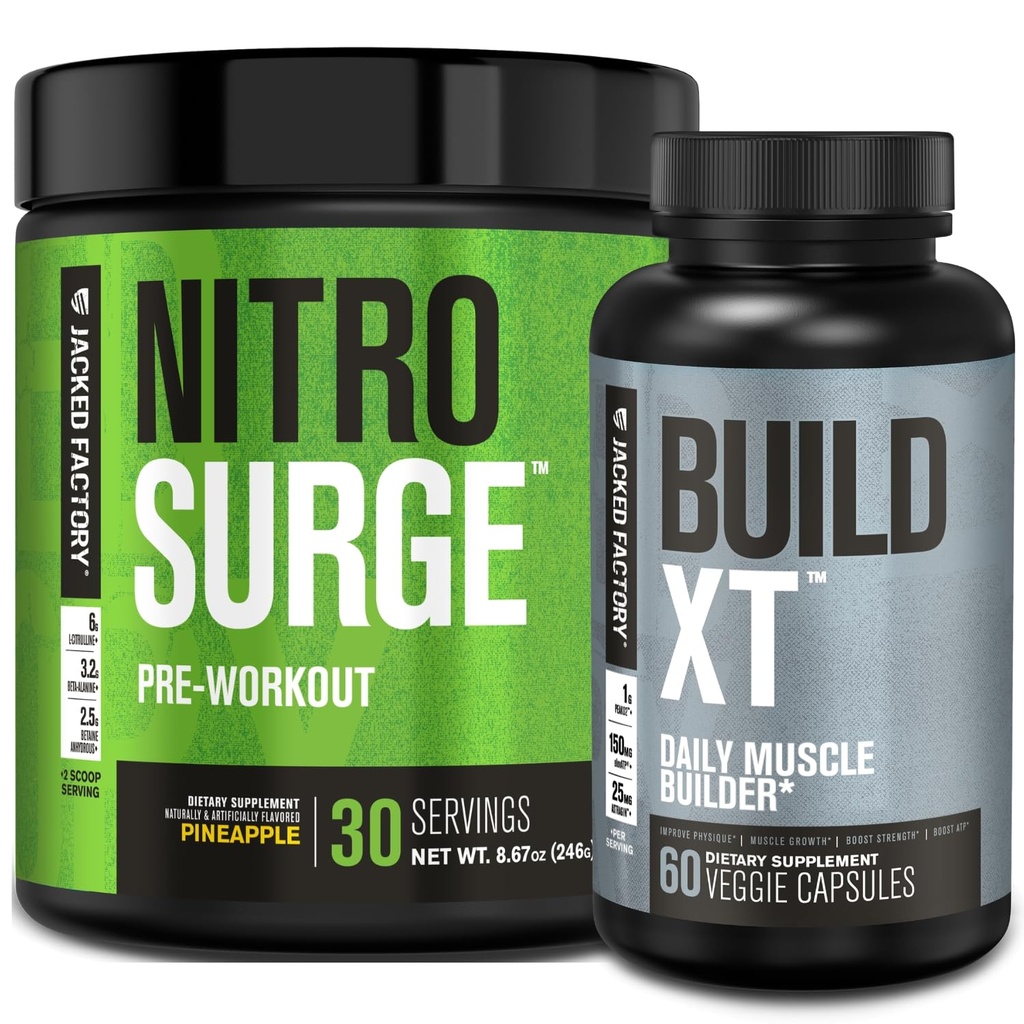 Jacked Factory Nitrobølge Pre- Workout i Ananas & Build XT Muscle Building Bundle for mænd og kvinder