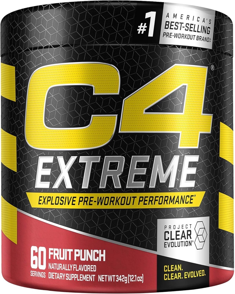 C4 Ekstrem Pre Workout Pulver Frugt Punch • 124; Preworkout Energi supplement til mænd & kvinder • 124; 200mg Koffein + Beta Alanine + Creatin • 124; 60 Servering