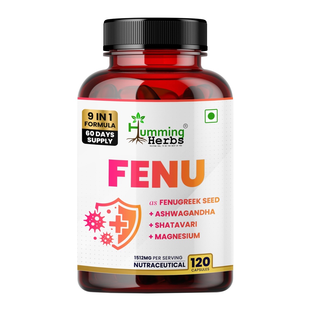 Humming Herbs Fenugreek Seed Extract Complex — with Ashwagandha, Shatavari, Safed Musli, Magnesium, Zinc, Vitamin D3, B6 & Folate — 1512 mg per Serving — 120 Capsules (60 Days)