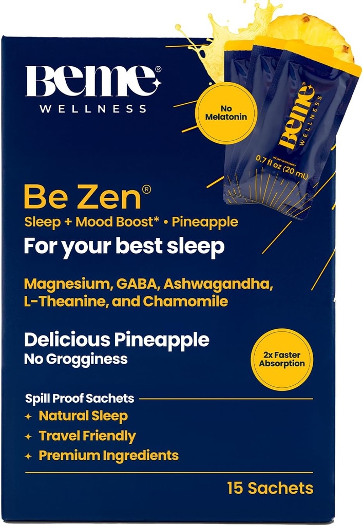 BeMe BeZen Sleep Support Natural without Melatonin - 2X Absorption Than Pills - Sleep aids for voksne med Magnesium, Ashwagandha, Kamille, L-Theanine & GABA - lækker Ananas