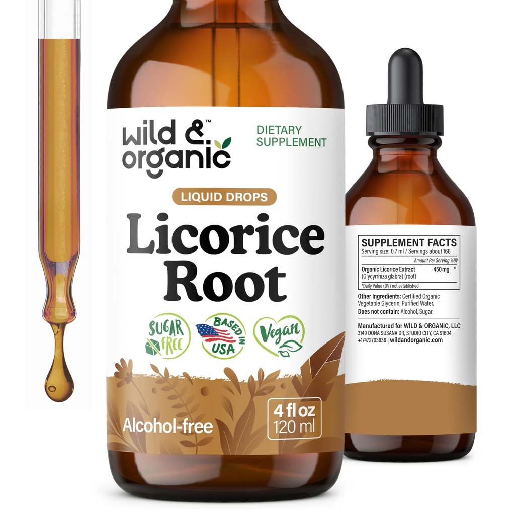 Wild & Organic Lakrids Root Tinktur - Digsativ, Lung & Skin Support - Lakrids Root Extract Liquid Drops - Vegan, Sukker & Alkohol- Free Supplement - 4 fl oz