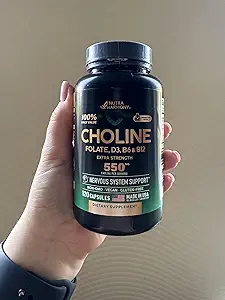 NUTRAHARMONY Cholin Supplement - Cholin Bitartrate 100% Daglig værdi - 5-in-1 Kompleks med folat, Vitamin D3, B6 & B12 - Vegan, Non- GMO - 120 Kapsler