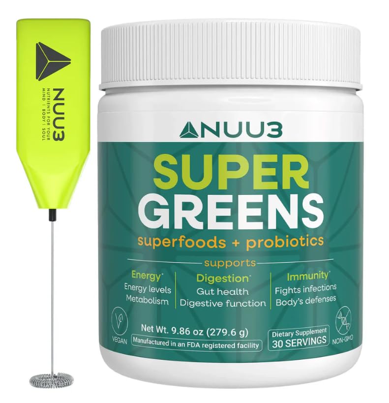 NUU3 Super Greens Superfoods + Probiotics - Immune Support, Improved Energy & Gut Health Digestive Enzymes - Boosts Immunity - 30 Servings (Unflavored)