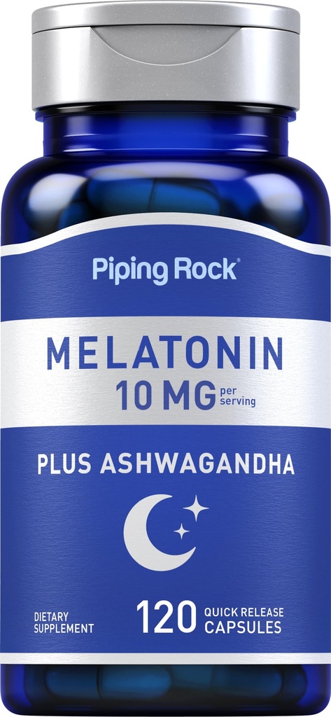 Piping Rock Melatonin 10 mg | 120 Quick Release Capsules | with Ashwagandha | Non-GMO, Gluten Free Supplement