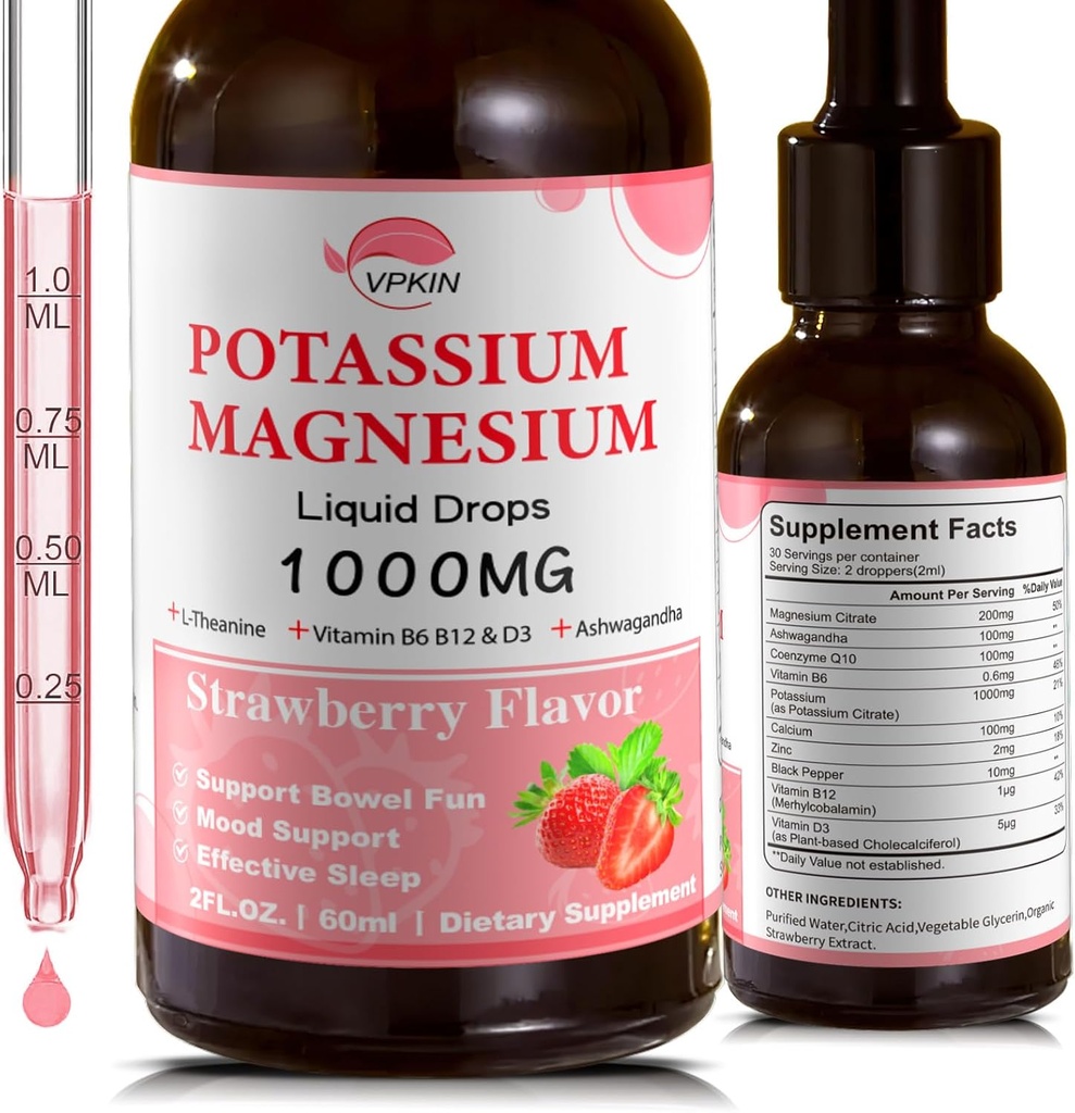 Kalium Magnesium citrat supplement, Magnesium flydende dråber med Magnesium Glycinate 1000mg med Ashwagandha, Zink, Support Clam & Support Immunsystem (Strawberry, 2 FLLOZ.)