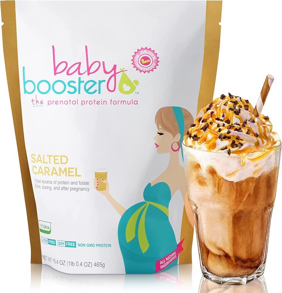 Baby Booster Saltet Karamel Prenatal Vitamin Supplement og Protein Shake, Koffein fri, Alle naturlige, Vegetarisk DHA, High Protein, Methyl Folate, B Vitamin, Great for Morning Sygdom, 1 LB