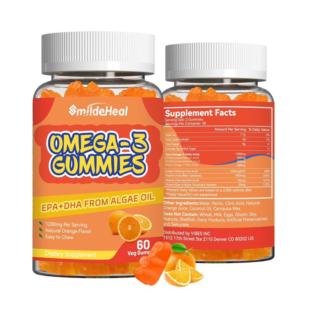 2 Pack Omega 3 Gummies Supplement 1000mg, High Absorption DHA & EPA, Heart, Brain & Joint Support, Extra Strength Fish Oil Omega 3 Gummies Vitamins, 120 Count
