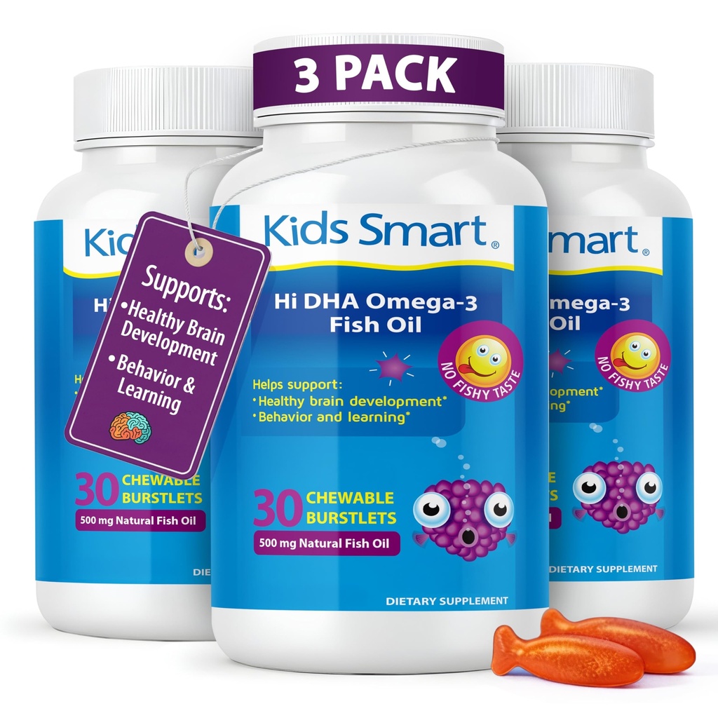 KIDS SMART Hi DHA Omega-3 Fish Oil- 90 Burstlets for Kids 1 and Up | 500mg Fish Oil with DHA & EPA | Brain, Learning, Behavior & Healthy Eye Support | No Fishy Taste, Sugar-Free Fruity Chewable