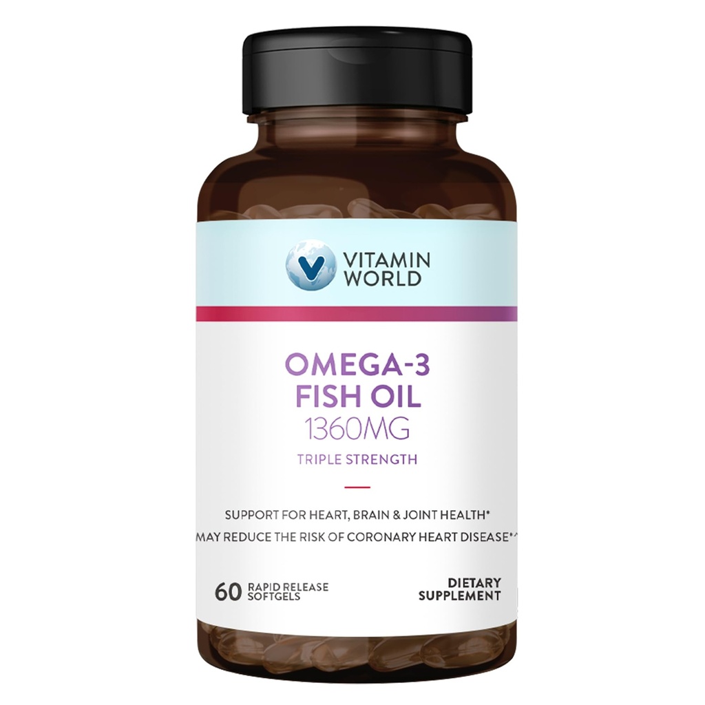 Vitamin World Triple Strength Omega 3 Fish Oil 1360 mg Supplement, 950 mg Active Omega-3 Fatty Acids with EPA & DHA, Supports Heart, Brain & Joint Health, Gluten Free, 60 Softgels, 2 Months Supply