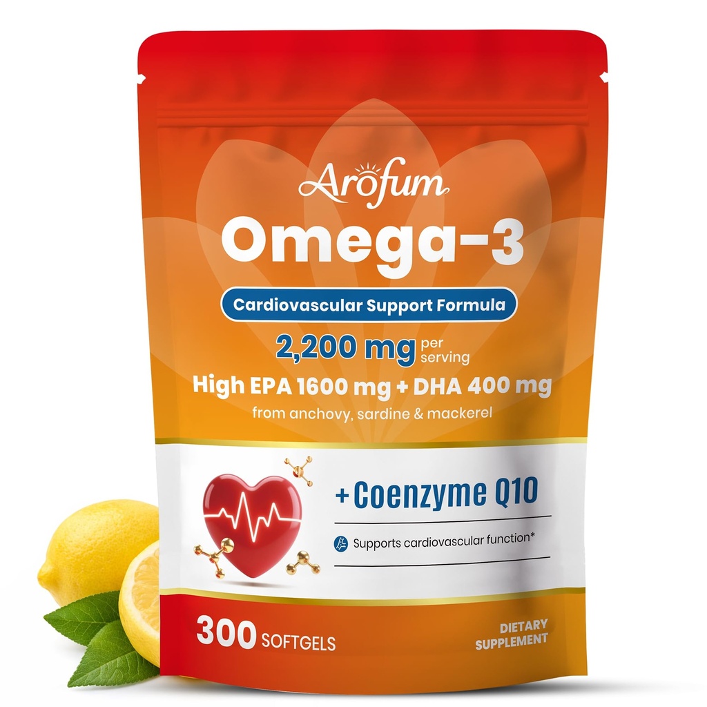 Omega 3 Fish Oil with CoQ10, High EPA DHA Fish Oil Omega 3 Supplements, 2200 mg rTG Omega 3 EPA DHA for Heart & Cardiovascular Support, Lemon Flavor, 300 Softgels