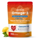 Omega 3 Fish Oil with CoQ10, High EPA DHA Fish Oil Omega 3 Supplements, 2200 mg rTG Omega 3 EPA DHA for Heart & Cardiovascular Support, Lemon Flavor, 300 Softgels
