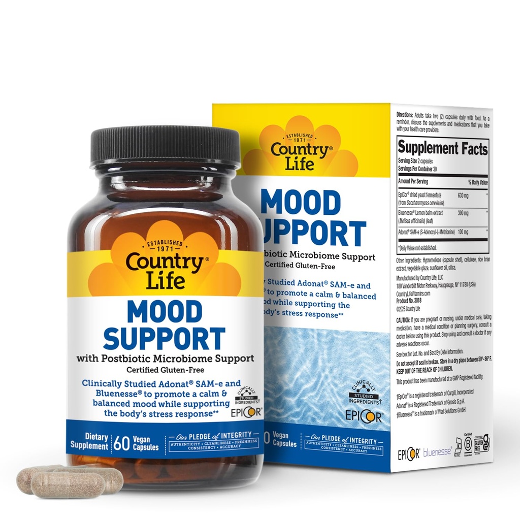 Country Life Mood Support Supplement, 60 Capsules - Supports Stress, Mood and Gut Health - for Men and Women - Clinically Studied Ingredients, Vegan, Gluten Free, Certified B Corporation