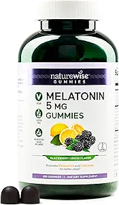 NatureWise Melatonin Gummies 5mg - Non- Habit Danning Sleep Support Supplement med Ashwagandha, Valerian Root - BlackBerry- Lemon Flavor - Vegan, Gluten Free, Non- GMO - 180 Greve [90- Day Supply]