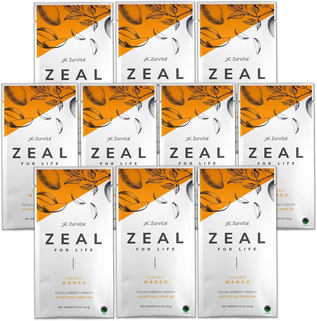 Zurvita - Zeal for Life Wellness Drink Mix - Classic Mango Flavor - Gluten- Free, Vegan, med Biotin, Vitaminer og mineraler til sundhed - 10 Pakker