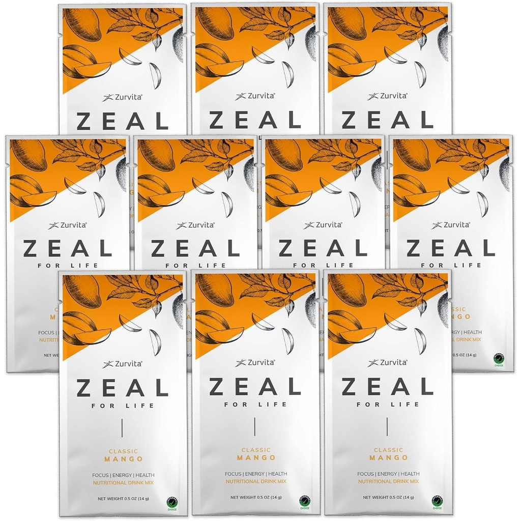 Zurvita - Zeal for Life Wellness Drink Mix - Classic Mango Flavor - Gluten- Free, Vegan, med Biotin, Vitaminer og mineraler til sundhed - 10 Pakker