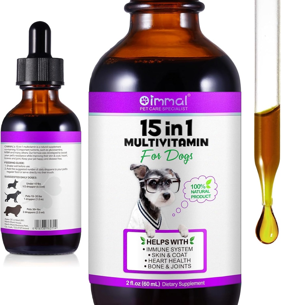 15 i 1 Hund Multivitamin Drops til hunde - Hund vitaminer og kosttilskud naturlige hund multivitaminer og mineraler - Glucosamin, MSM til hud & Coat, hjerte sundhed, knogler, fælles, immunsystemet støtte