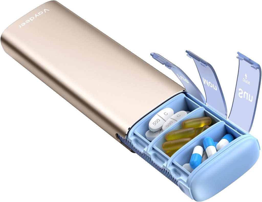 Vayråt Metal Travel Pill Organizer, 7 dages ugentlig Pill Box, Stor kapacitet Daily Cute Pill Case til kosttilskud, piller, vitaminer og medicin (lille, Champagne)