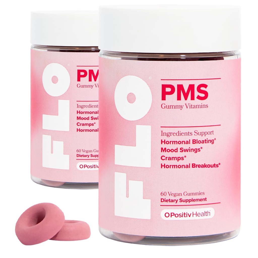 O Positiv FLO PMS Gummies for Women - Proactive PMS Relief - Mål Hormonal Breakouts, Bloating, Cramps, & Mood Swings med Chasteberry, Vitamin B6, & Lemon Balm - PMS Gummies (pakke med 2)
