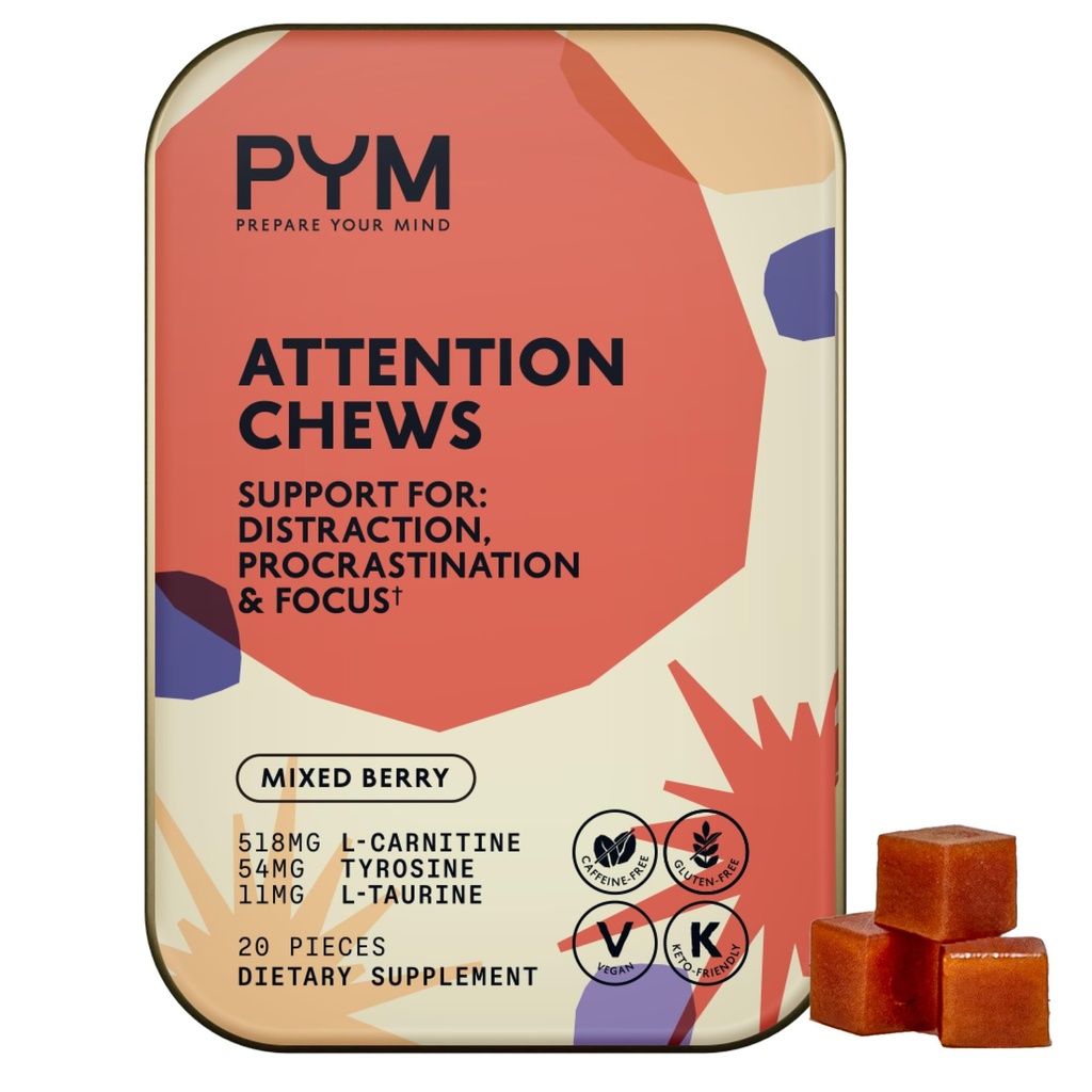 PYM Opmærksomhed Chews Support for Procrastination, Focus & Productivity, 20 Count 124; 518mg L- Carnitin, 54mg Tyrosin, 11mg L- Taurine, Coffein- Free Mead124; All- Natural Mood Boost Supplement Made i USA