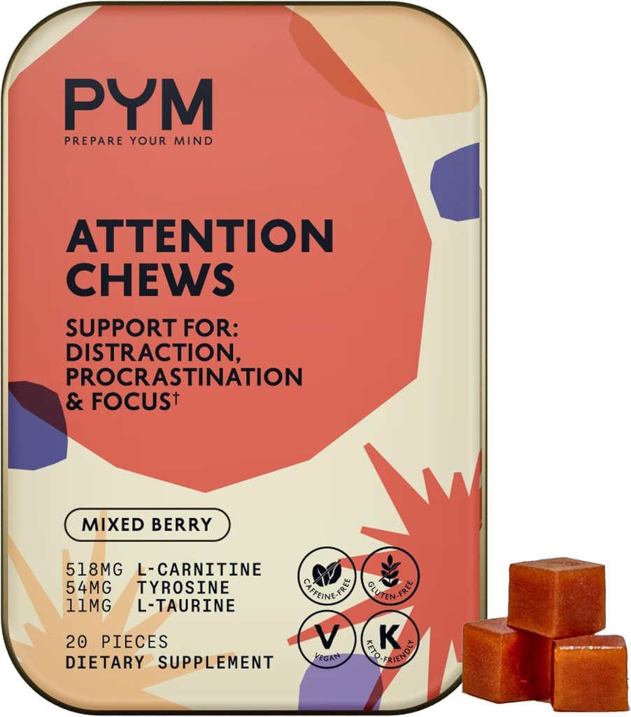 PYM Opmærksomhed Chews Support for Procrastination, Focus & Productivity, 20 Count 124; 518mg L- Carnitin, 54mg Tyrosin, 11mg L- Taurine, Coffein- Free Mead124; All- Natural Mood Boost Supplement Made i USA