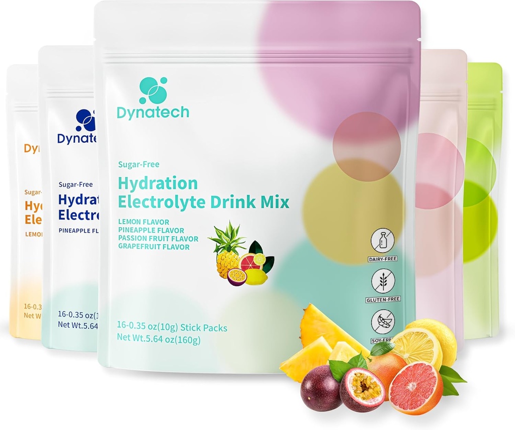 Dynatech Zero Sugar Electrolyte Drink Mix - Variety Pack - Hydration Powder Packets med 10 Electrolytes & Vitumums124; Non- GMO, Gluten Free, Vegan Electrolytes Powder Packets