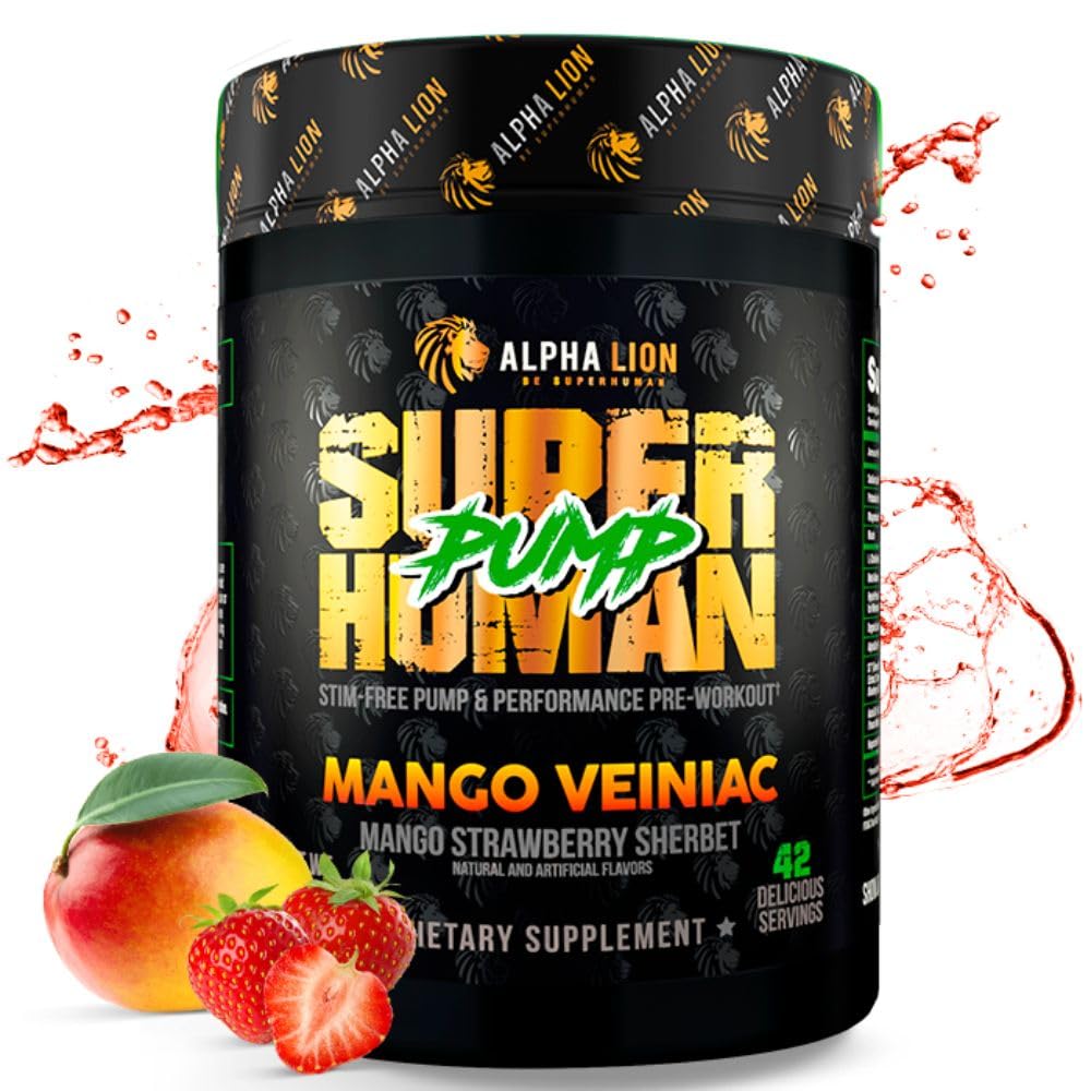 LEONA LION Superhuman Pump Pre Workout Powder, Nootrop Coffein & Stim Free Preworkout Supplement, Nitroc Oxide Booster, Muscle Gainer, Energy & Focus (42 Serveringer, Mango Veiniac Flavor)