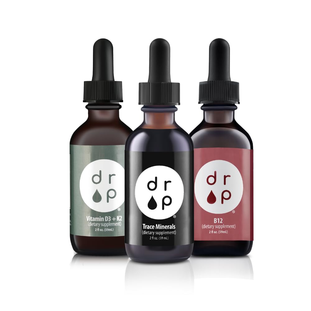 Drop Kosttilskud Organic Trace Minerals Electrolyte Drops, Vitamin D3 + K2 Drops og Vitamin B12 Liquid Drops Bundle