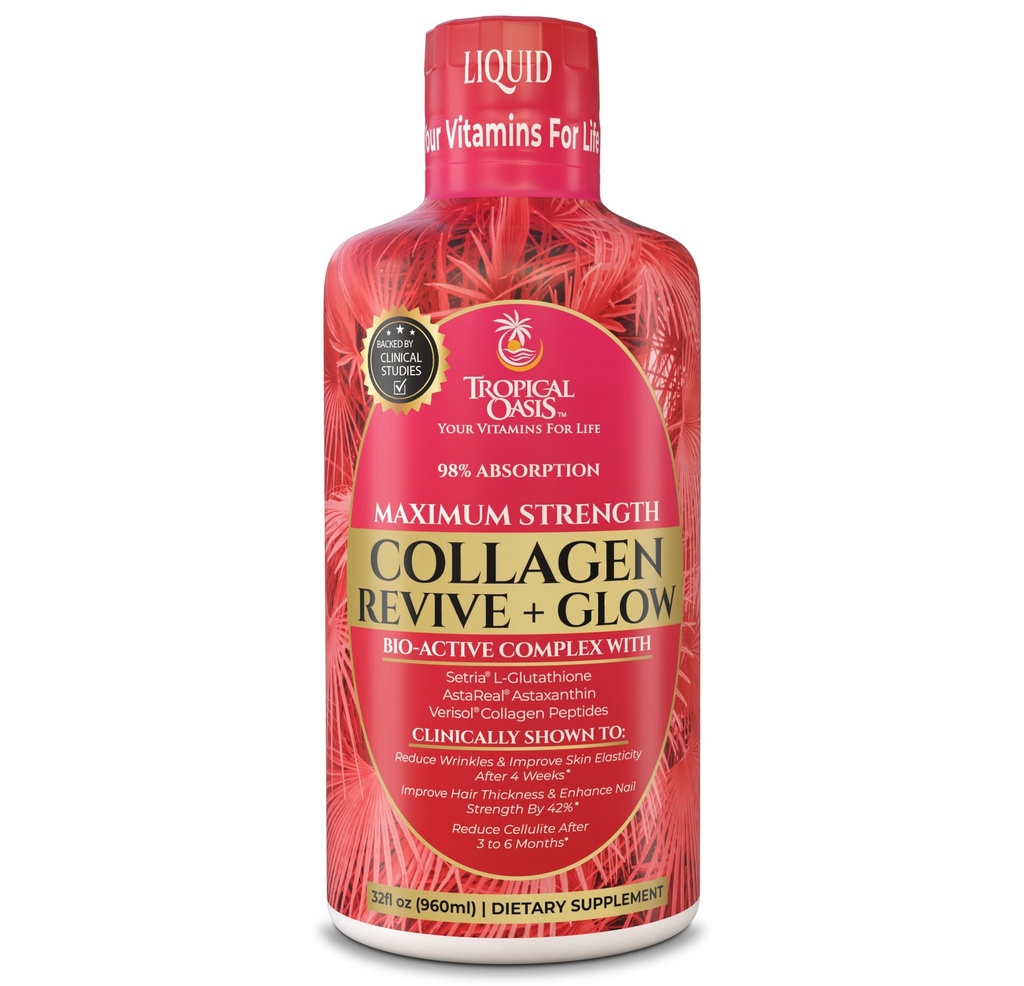 Tropical Oasis Liquid Collagen Glow for Women & Men | 5000mg VERISOL Collagen Peptides + 12500mcg Biotin | Clinically Tested for Thicker Hair, Brighter Skin, Wrinkles & Stronger Nails | 32 Serv