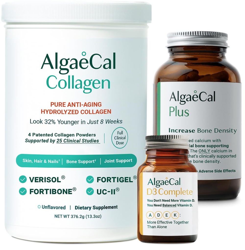ALGAECAL Calcium, Vitamin D3 & Collagen Bundle - Hydrolyzed Collagen med klinisk-støttet Verisol, Fortibone & Fortigel, Plus Calcium, Vitamin ADEK, & Trace mineraler for ben sundhed & Anti- Aging