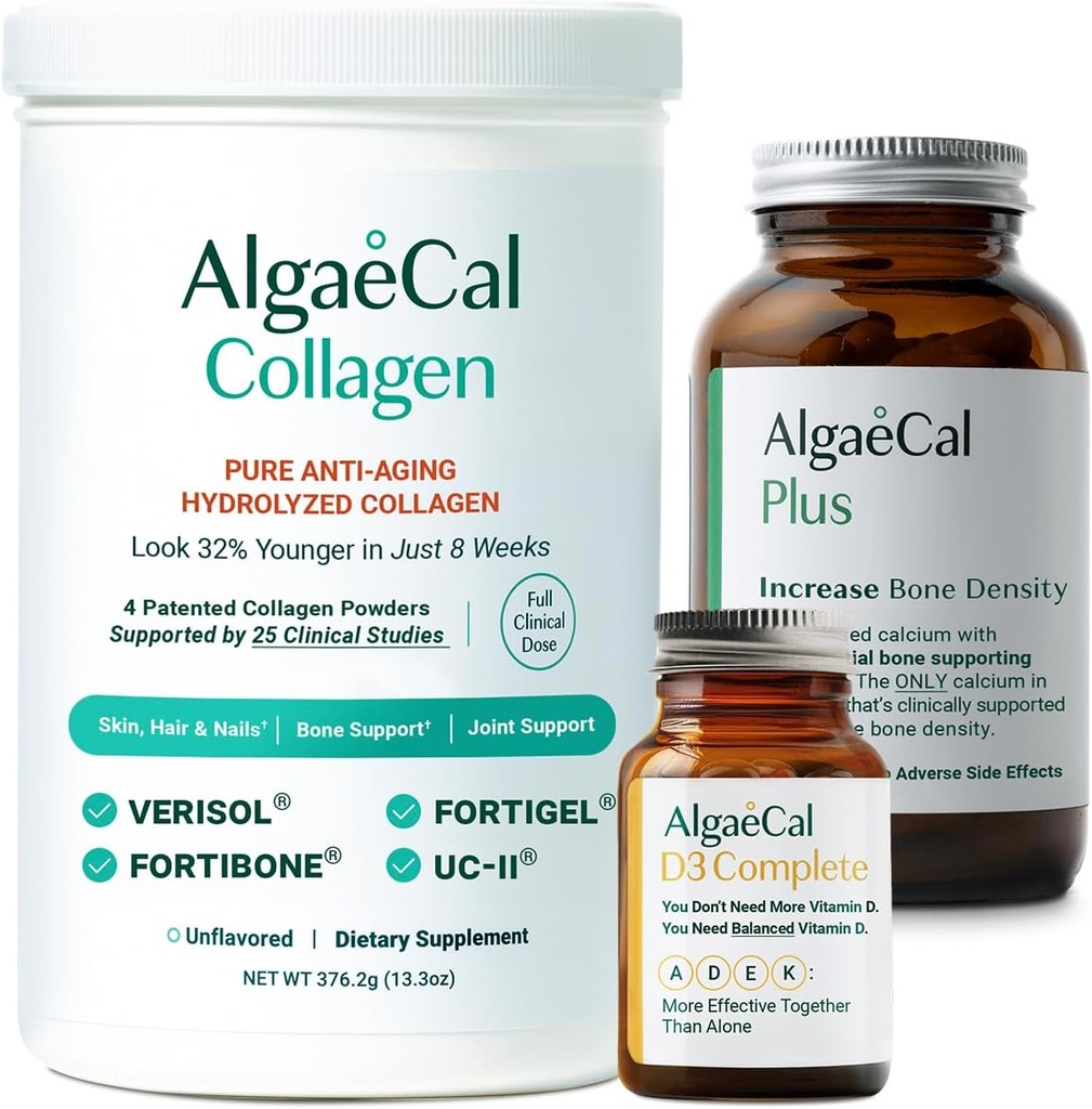 ALGAECAL Calcium, Vitamin D3 & Collagen Bundle - Hydrolyzed Collagen med klinisk-støttet Verisol, Fortibone & Fortigel, Plus Calcium, Vitamin ADEK, & Trace mineraler for ben sundhed & Anti- Aging