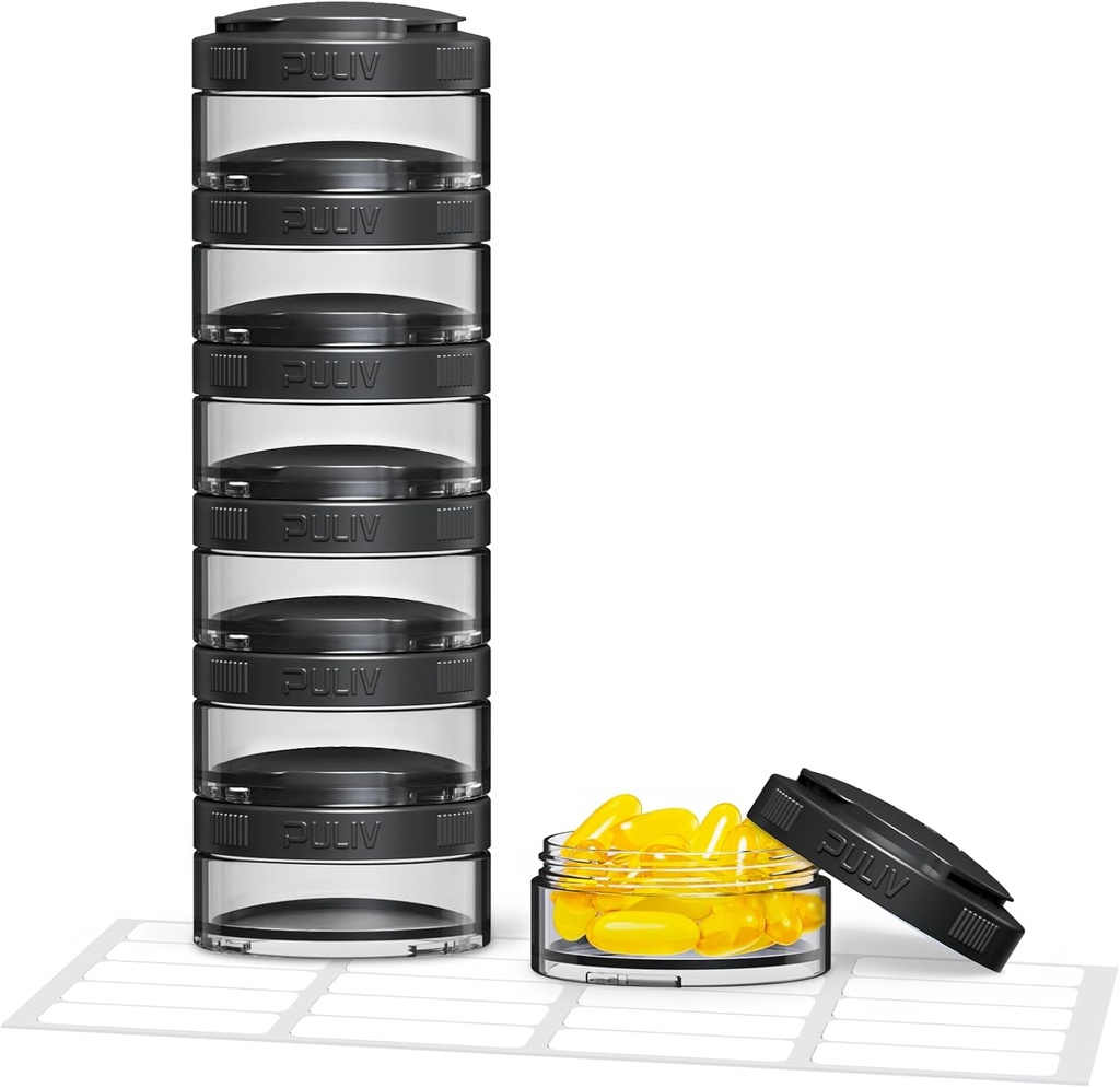 PULIV Stabil Ugentlig Pill Organizer til fleksibel brug, Stor Travel Pill Box Case 7 Dag med brede åbninger for Easy Retrieval & Filling, BPA- Free, 20 Stickers, Holds Vitamin, Kosttilskud, Fiskeolier