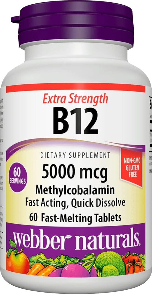 Webber Naturals Vitamin B12 5000 mcg, 60 Greve, hurtig opløsning tabletter, Vitamin supplement støtte til energi Metabolisme, immunforsvar og hjerte sundhed, Vegetarisk formel, 60 dages forsyning