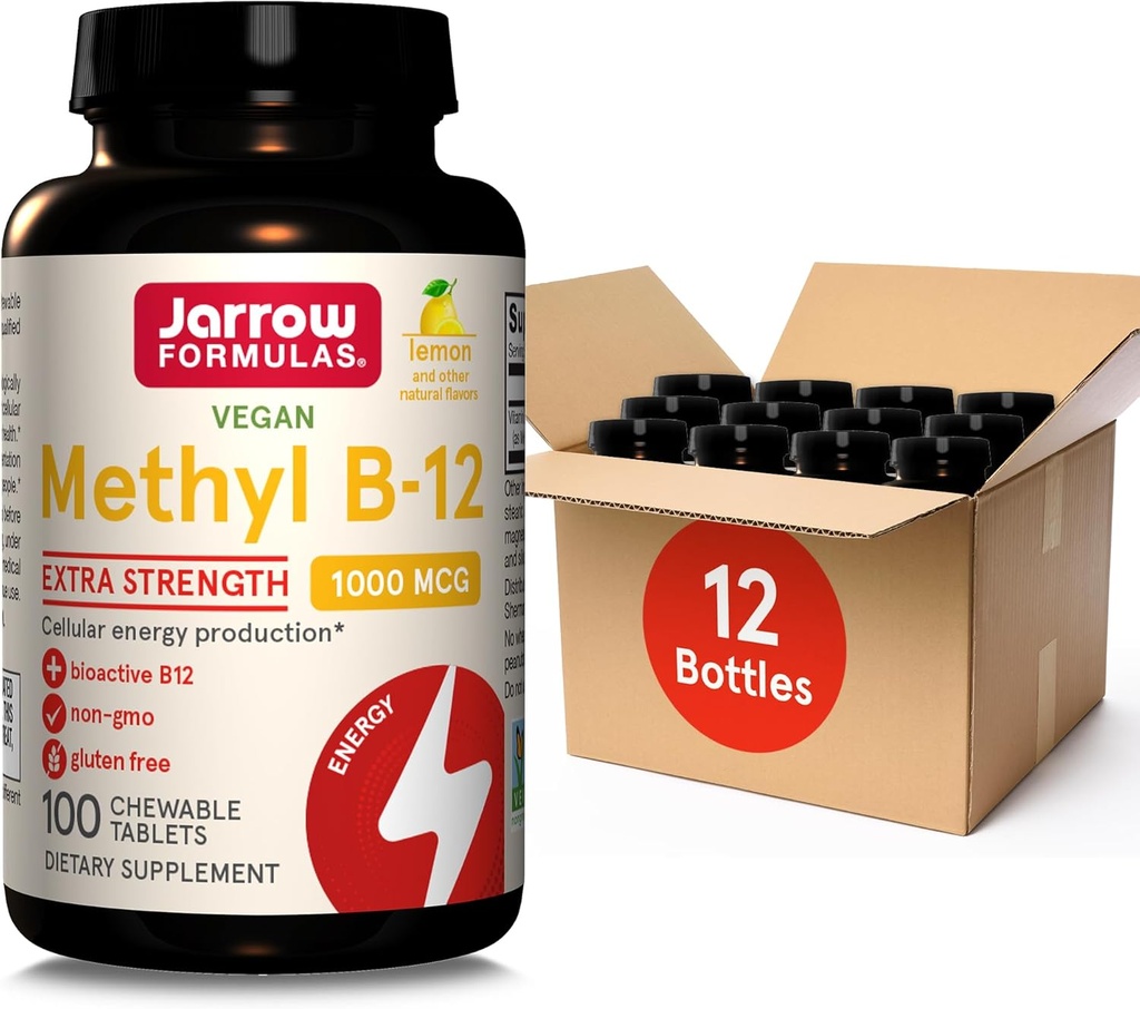 Jarrow Formulas Extra Strength Methyl B- 12 1000mcg, Kosttilskud til Cellular Energy Production and Brain Health Support, 100 Lemon- Flavored Chewable Tablets, 100 Day Supply, Pack of 12