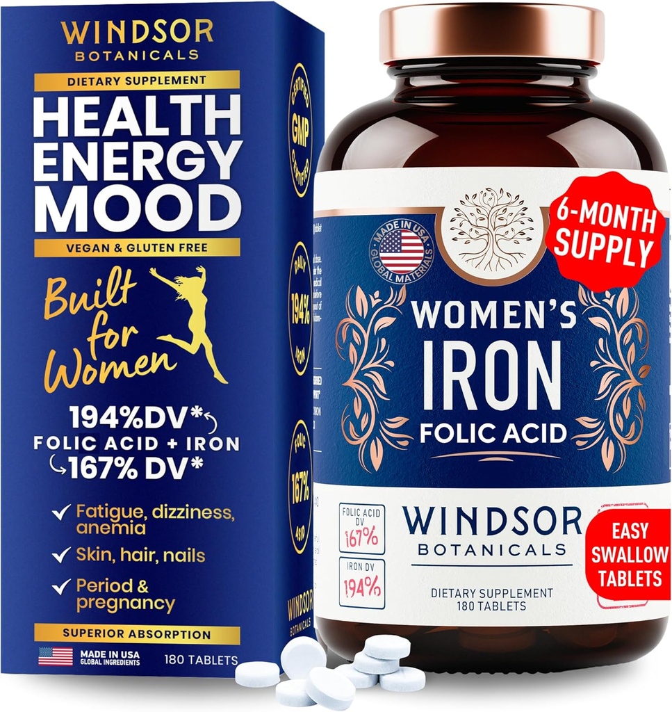Iron and Folic Acid Supplements for Women - 35mg Gentle Iron Vitamin, Folic Acid 400mcg - Anemia, Period, Pregnancy Support Supplement, Ferrous Sulfate Pills - 180 Vegan Non-Constipating Tablets