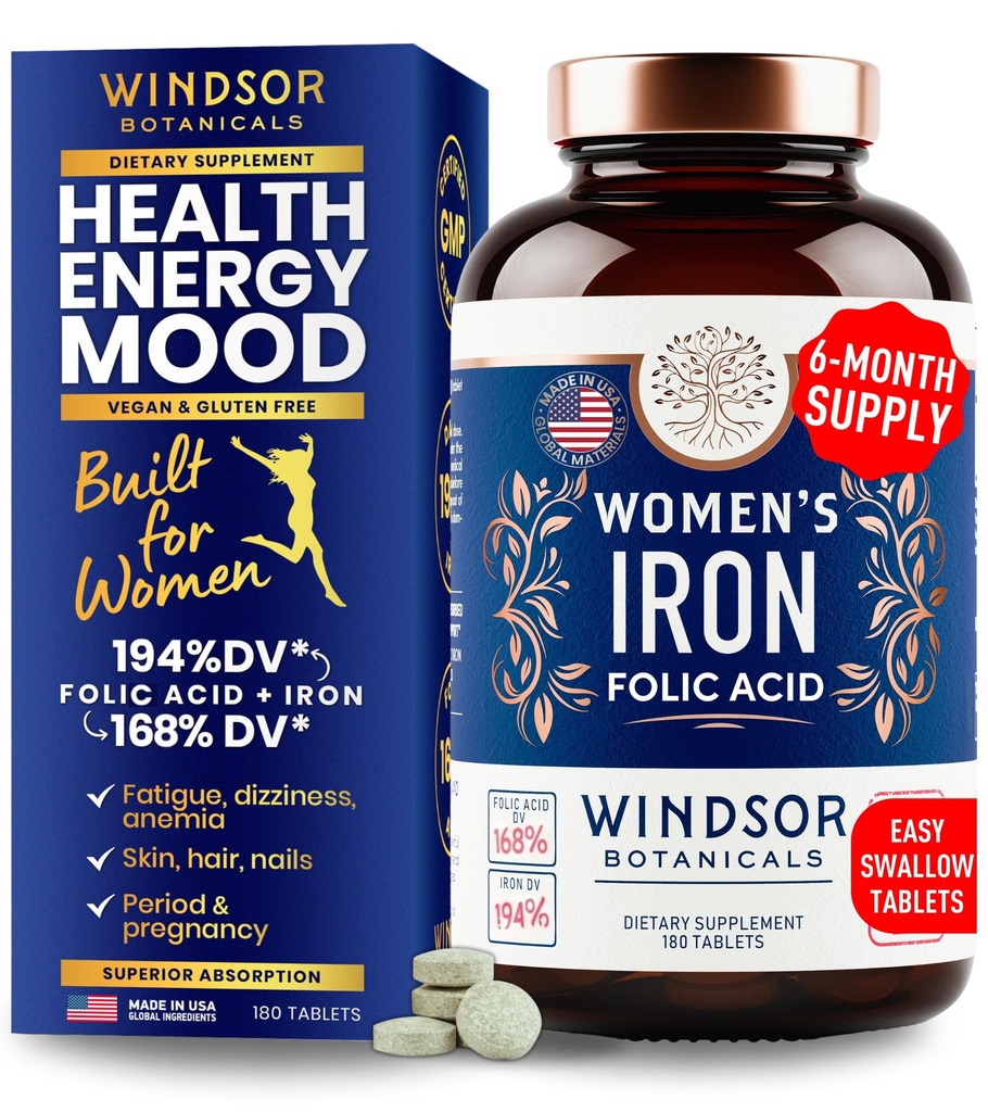 Iron og folinsyre Kosttilskud til kvinder - 35 mg Gentle Iron Vitamin, Folinsyre 400mcg - Anæmi, Periode, Graviditet Support, Ferrosulfatpiller - 180 Vegan non- Constipating Tablets