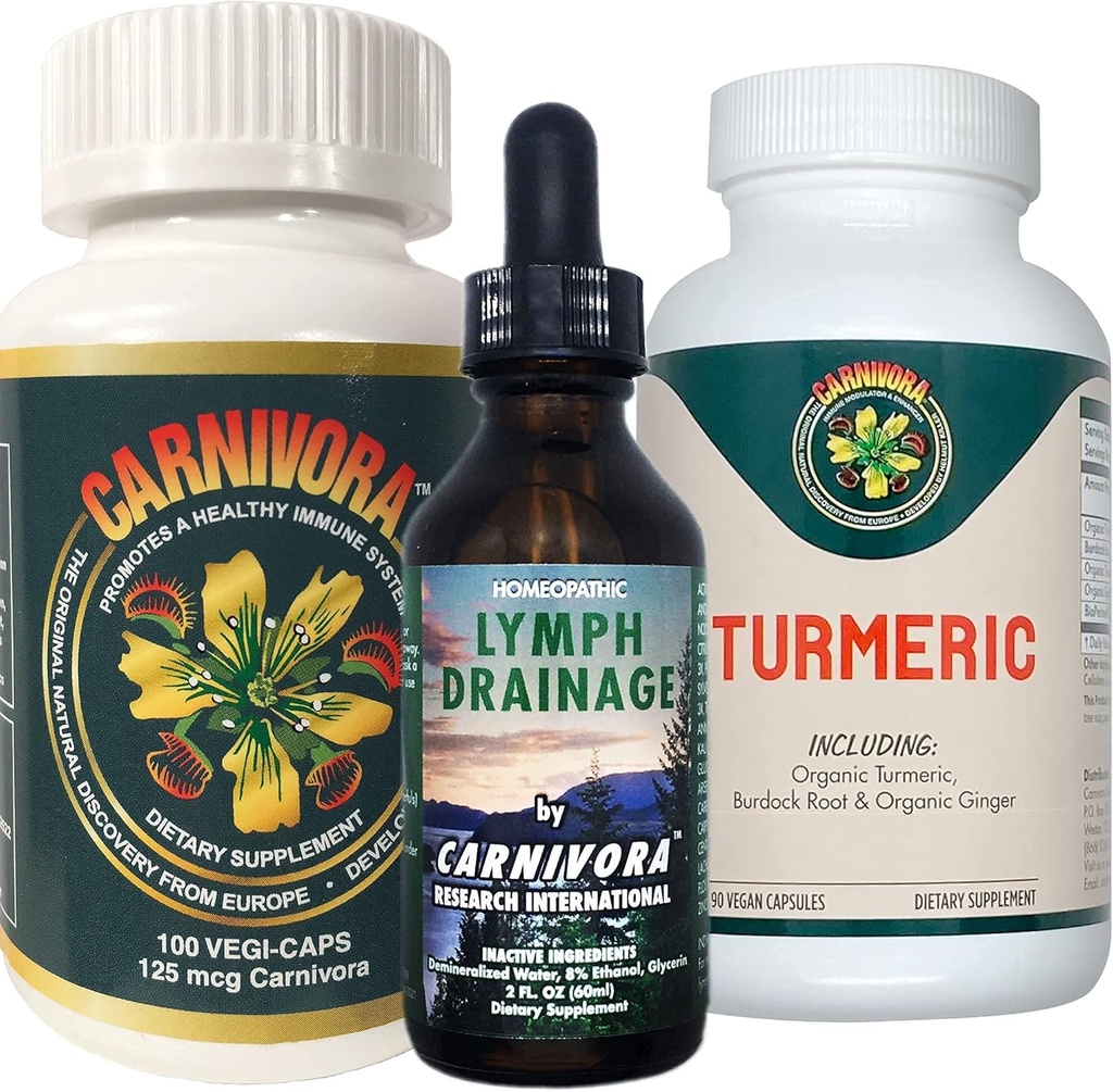 Carnivora Triple Play - immunsystem support, Lymph System Flush, og ekstraudstyr til joints og fordøjelse (bundle med 1 flaske Hver af Carnivora Vegi- Caps, Lymph Drainage, og gurkemeje)