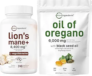 Micro Ingredients Oil of Oregano Softgels 300 Count & Lions Mane Supplement 240 Veggie Capsules Bundle 2 Pack D124; Carvacrol & Thymoquinone D124; Superfood Mushroom Antioxidanter med L- Ergothioneine