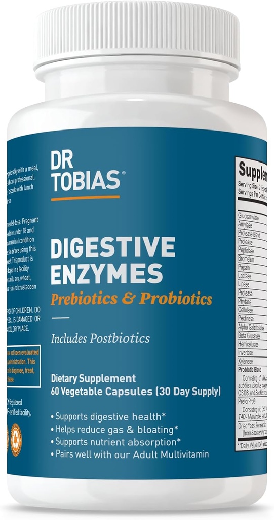 Dr. Tobias fordøjelsesenzymer med Probiotika, Prebiotika og Postbiotika Bromelain, Amylase, Lipase, for bedre fordøjelse & immunfunktion, 60 kapsler, 30 Servere (2 daglige)