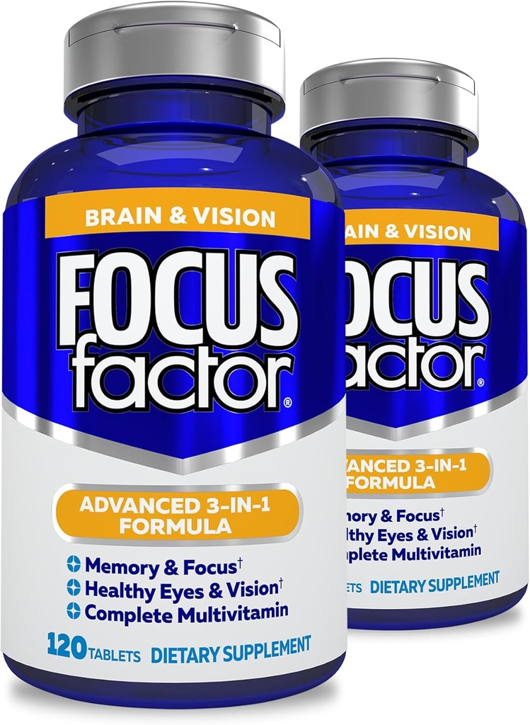 Focus Factor Voksne Brain og Vision Supplement, 120 Count- Eye Vitamin, Mineral Supplement, Komplet Multivitamin med Lutein & Zeaxanthin- Brain Supplement for Focus, Koncentration, Hukommelse (2 Pk)