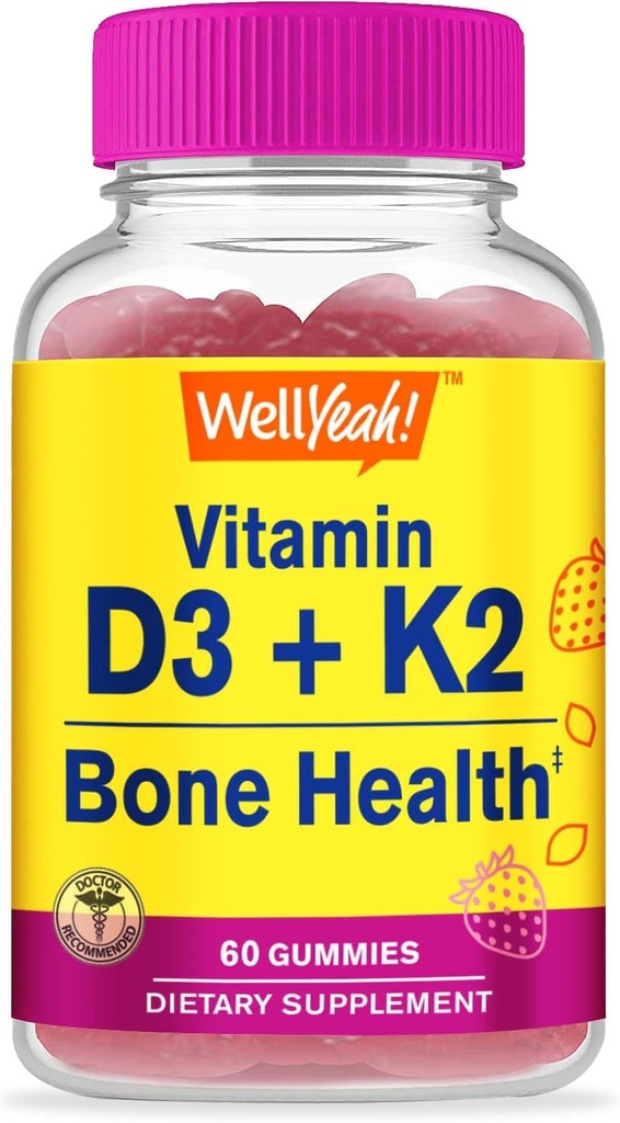 WellYe Vitamin D3 + K2 Gummies - Vitamin D3 1000 IE, K2 100 MCG - Knogle- og muskelsygestøtte, naturlige smagsstoffer, GMO fri, Gluten fri, Vegan - K2 D3 Vitamin Supplement- 60 Gummies
