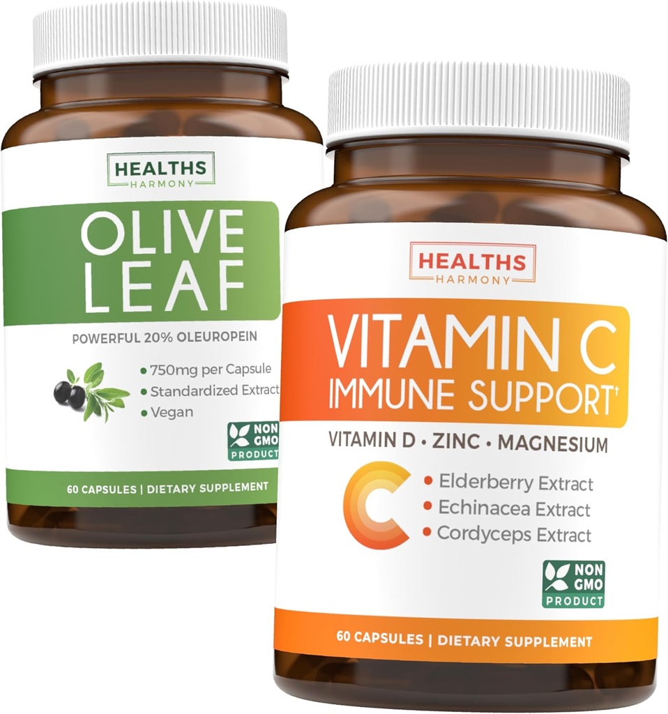 Save $4 (12% off) - Herbal Immune Bundle - Olive Leaf Extract (Non-GMO) Super Strength: 20% Oleuropein 750mg caps and Immune Support - Vitamin C with Zinc, Vitamin D, Elderberry & Echinacea (Non-GMO)